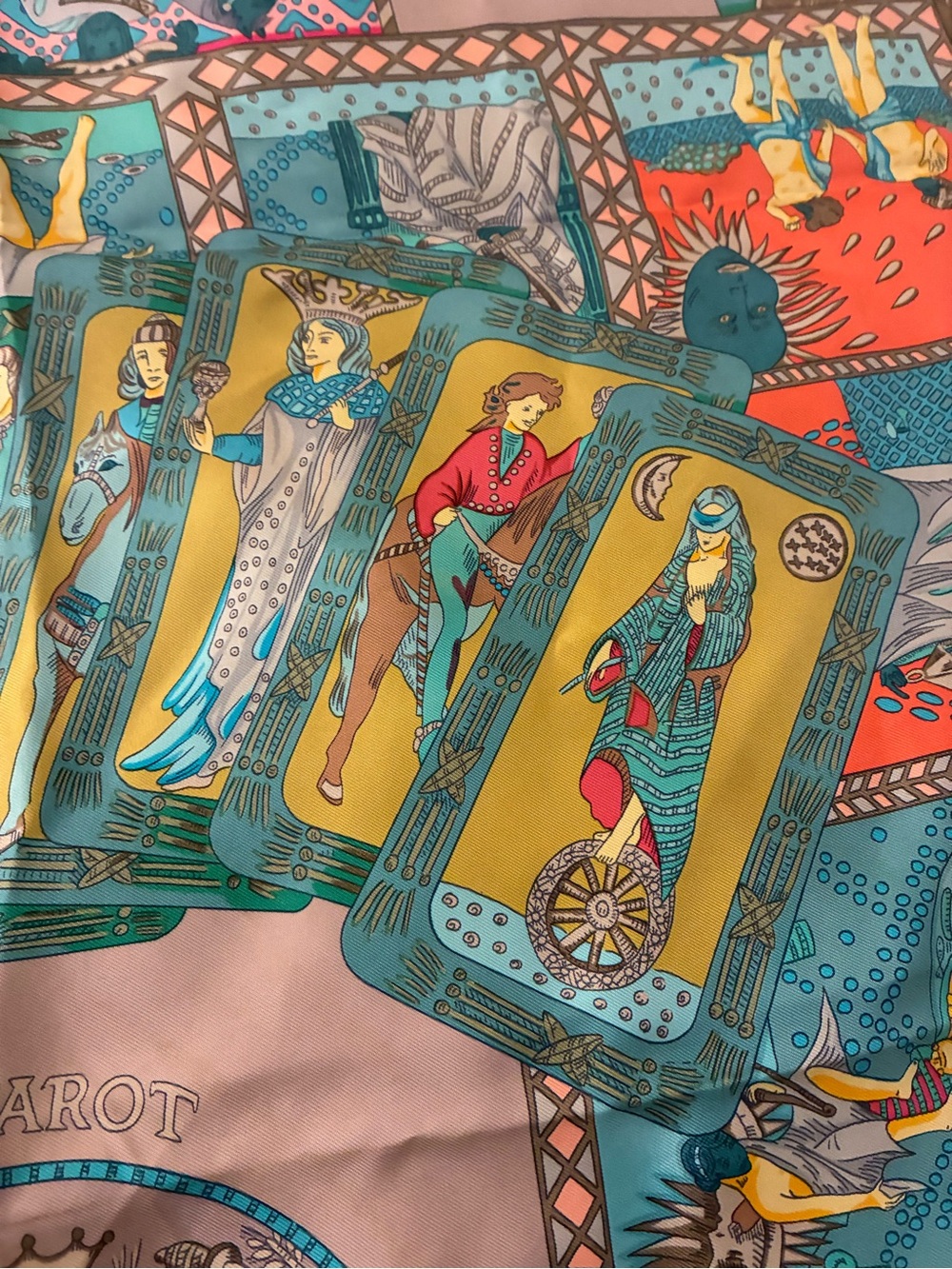 Hermès Silk Carré 90 scarf in a vibrant multicolor Tarot Card print